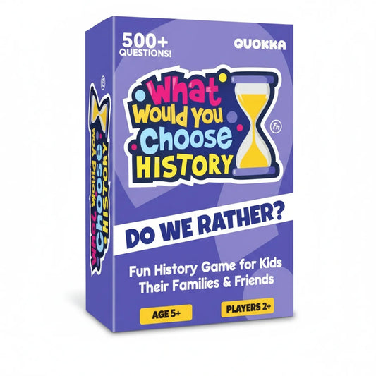 Quokka What Would You Choose History game box - 500+ questions, ages 5+, 2+ players, purple packaging with hourglass design