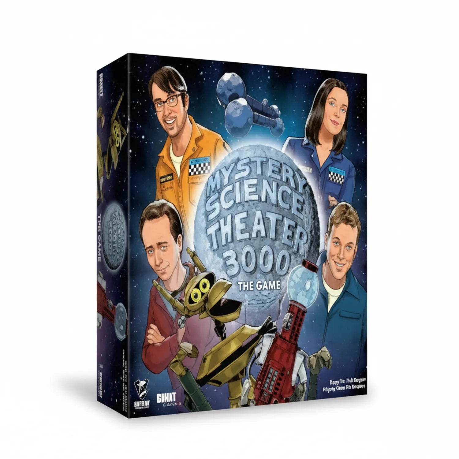Mystery Science Theater 3000: The Game board game box featuring illustrated cast characters in jumpsuits, robot companions, and starry space background