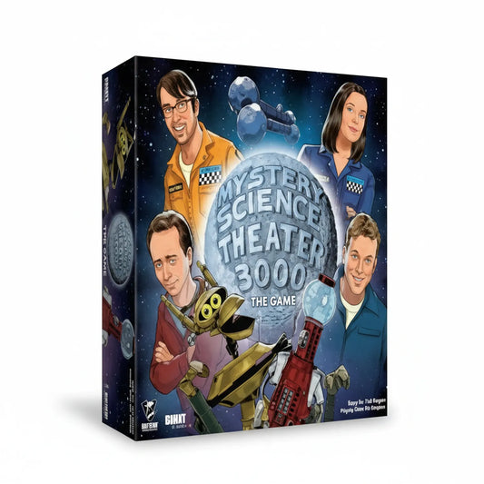 Mystery Science Theater 3000: The Game board game box featuring illustrated cast characters in jumpsuits, robot companions, and starry space background