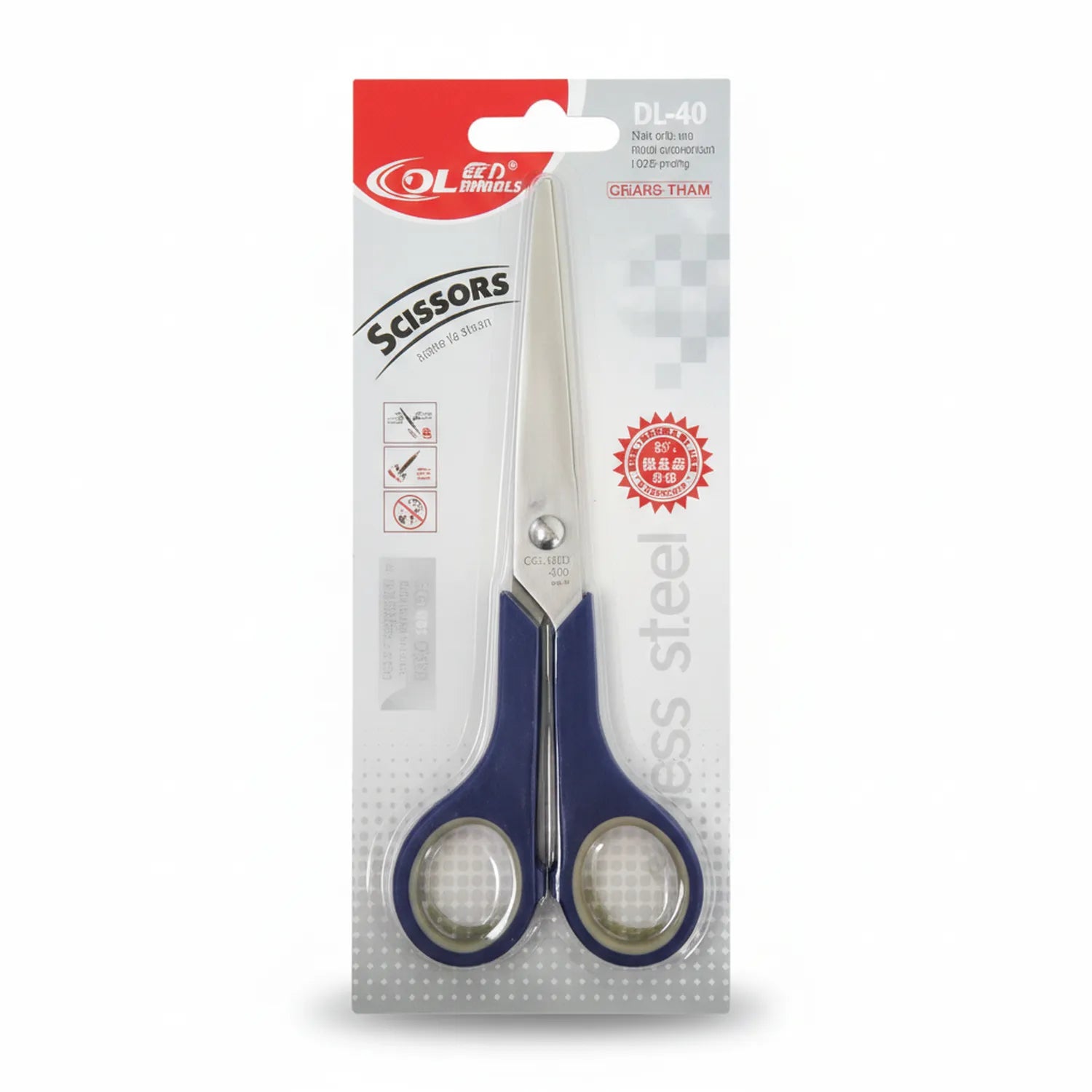 Olfa DL-40 stainless steel scissors with navy blue ergonomic handles, displayed in packaging with product branding and quality certification seal.