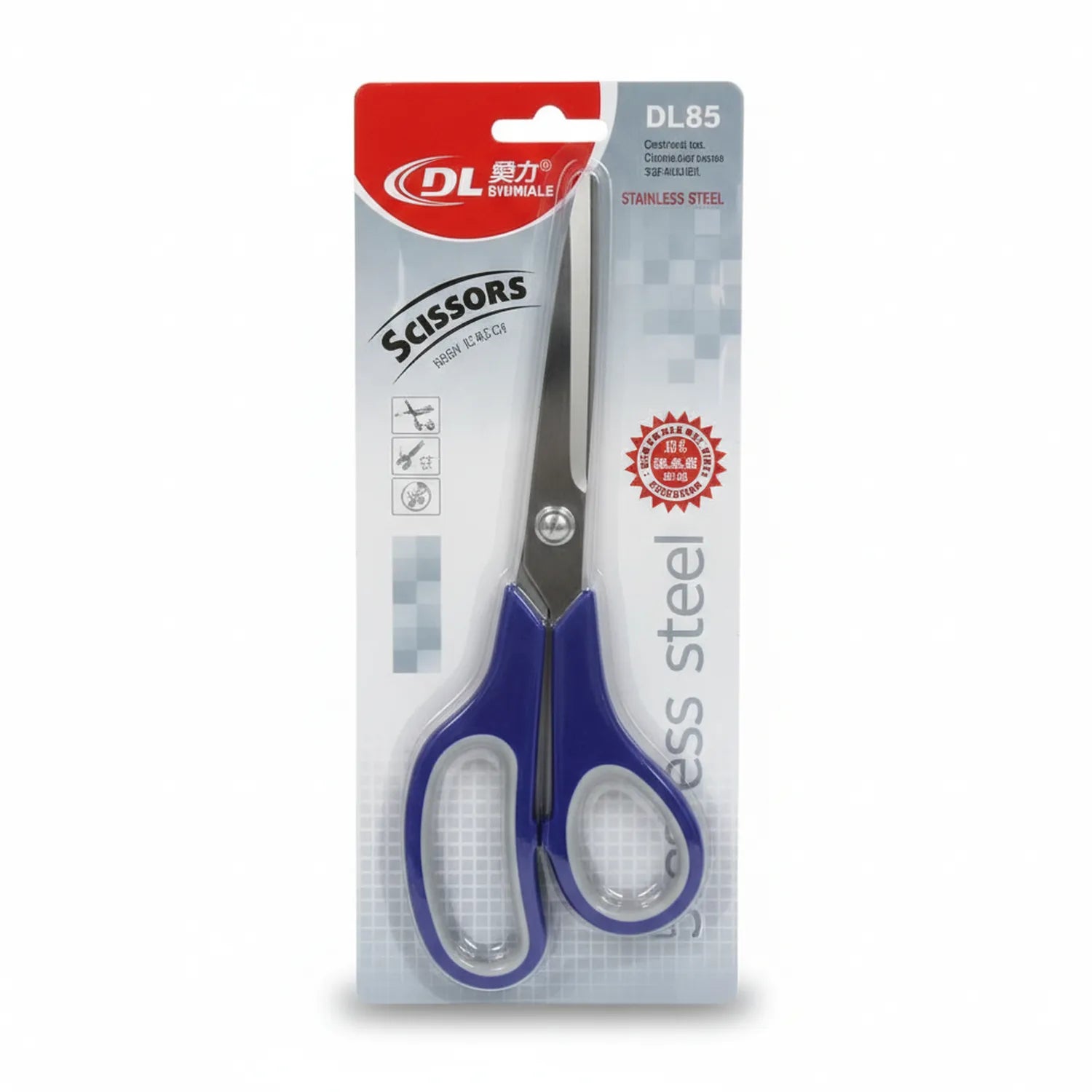 Syumiale DL85 Stainless Steel Scissors with blue ergonomic handles and black blades in retail packaging
