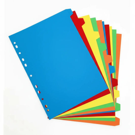 A4 separator cards with 12 colorful tabs in blue, red, yellow, green, and orange, fanned out showing reinforced punch holes on left side