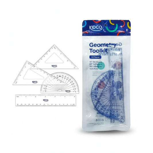 Kidco Geometry Toolkit packaging showing 4-piece set with two set squares, protractor, and 15cm ruler in blue transparent plastic.