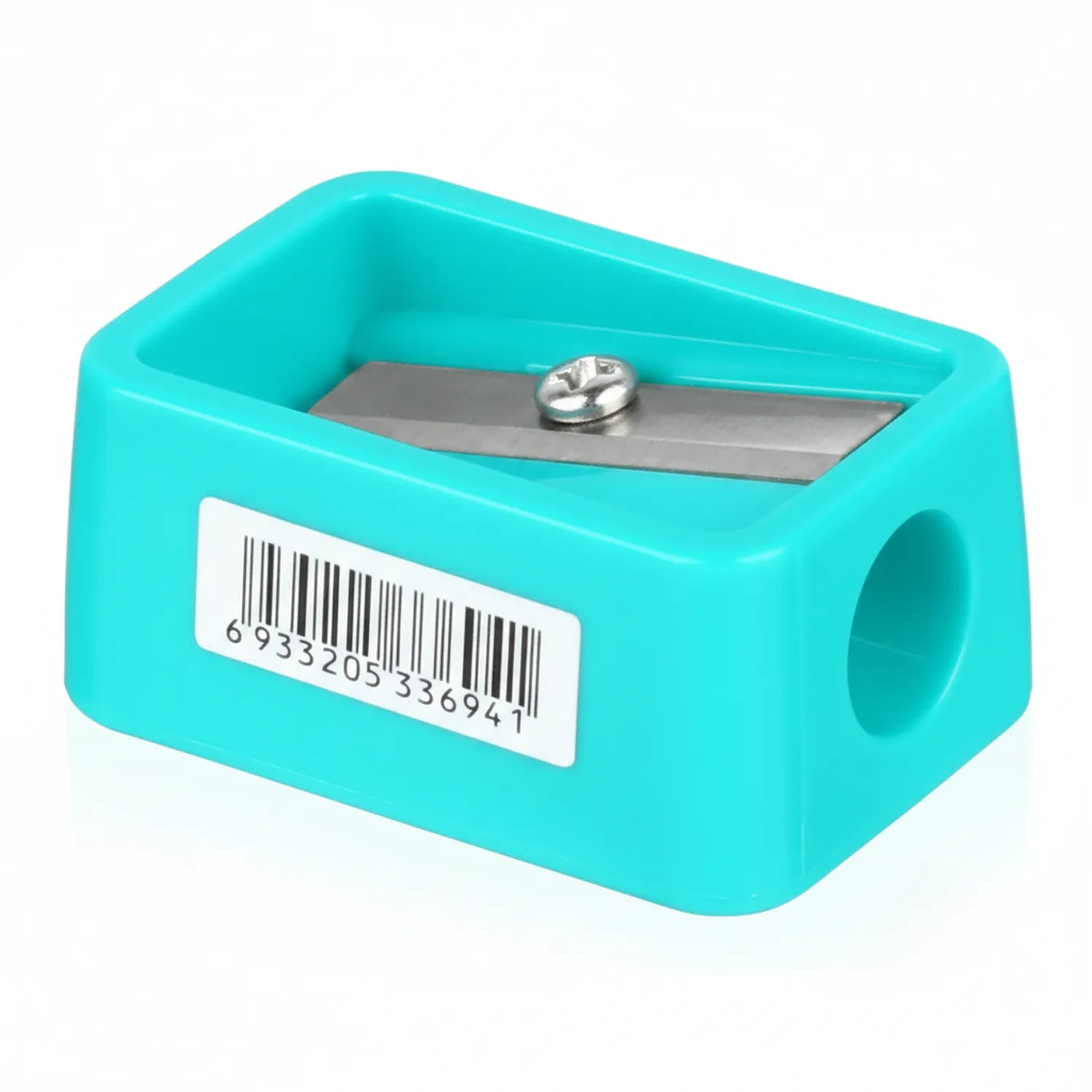 Turquoise compact pencil sharpener with metal blade, barcode label, and side hole for mounting
