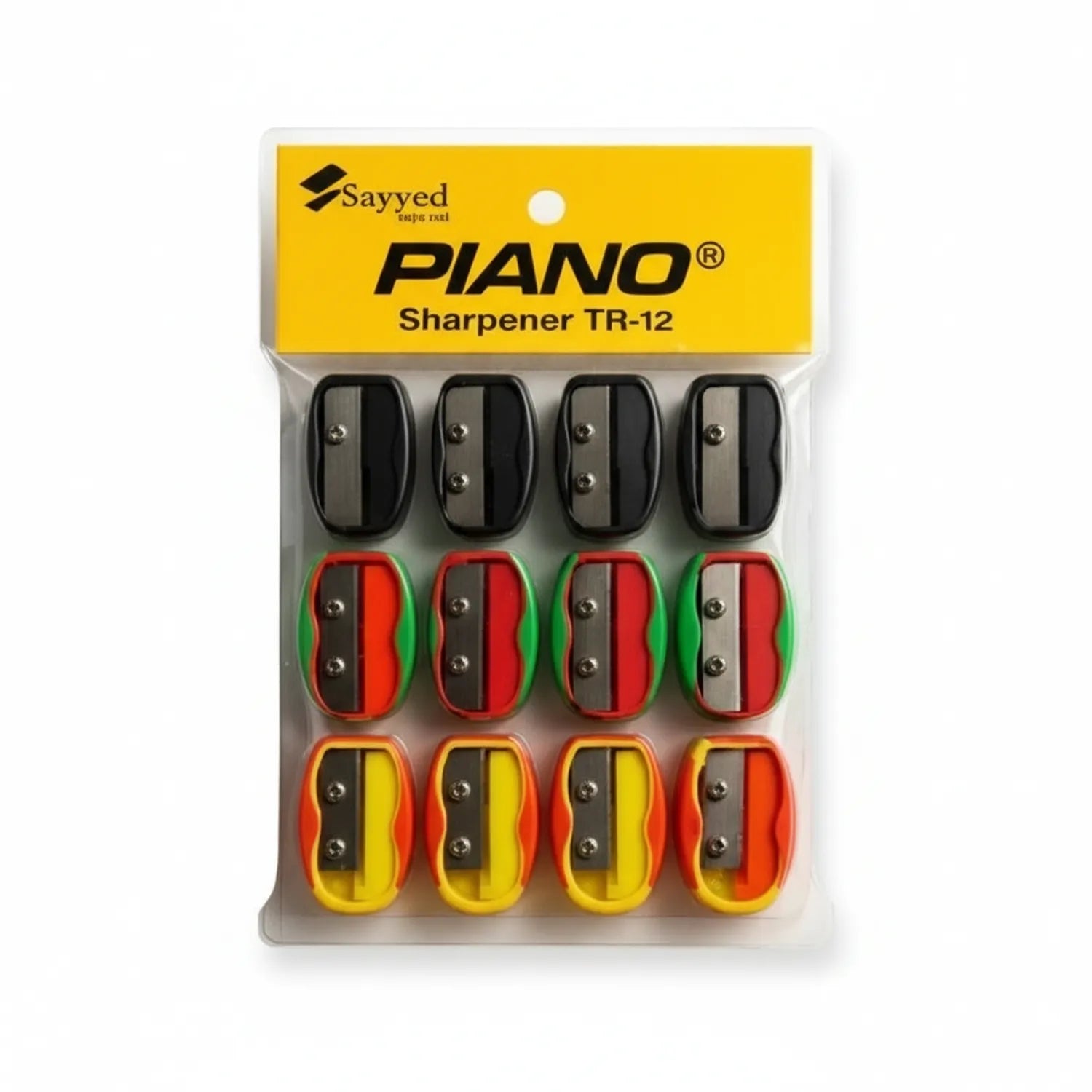 Piano Sharpener TR-12 12-pack featuring black, red/green, and orange/yellow dual-hole sharpeners with metal blades in retail packaging