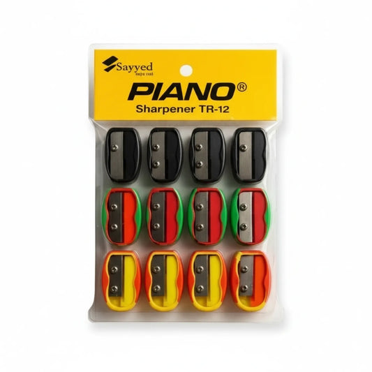 Piano Sharpener TR-12 12-pack featuring black, red/green, and orange/yellow dual-hole sharpeners with metal blades in retail packaging