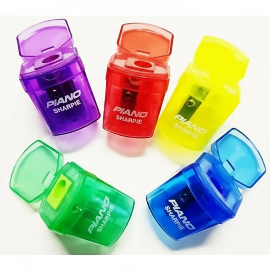 Piano Sharpener Tr17 set with 5 dual-hole pencil sharpeners in purple, red, yellow, green, and blue colors with transparent caps and hinged lids