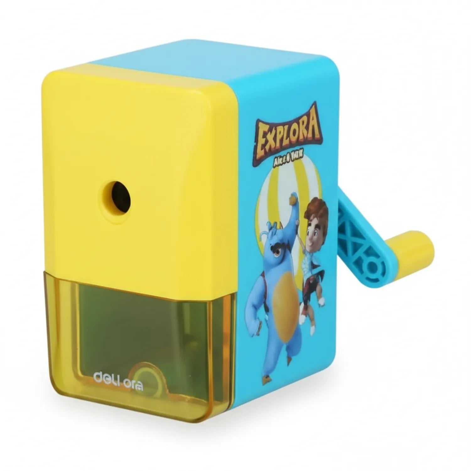 Explora Ángel Unit Sharpener Wizz W402 - yellow and blue manual pencil sharpener with yellow crank handle and cartoon character branding