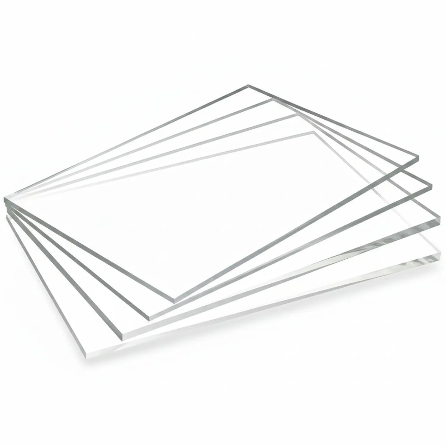 Stack of 5 transparent clear acrylic A4 sheets fanned out showing thickness and clarity of material