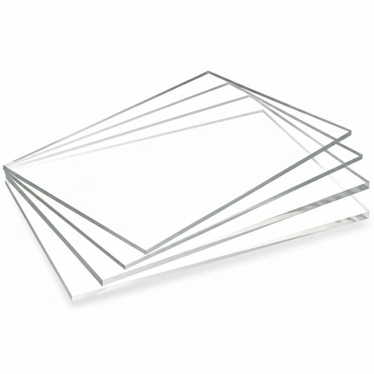 Stack of 5 transparent clear acrylic A4 sheets fanned out showing thickness and clarity of material