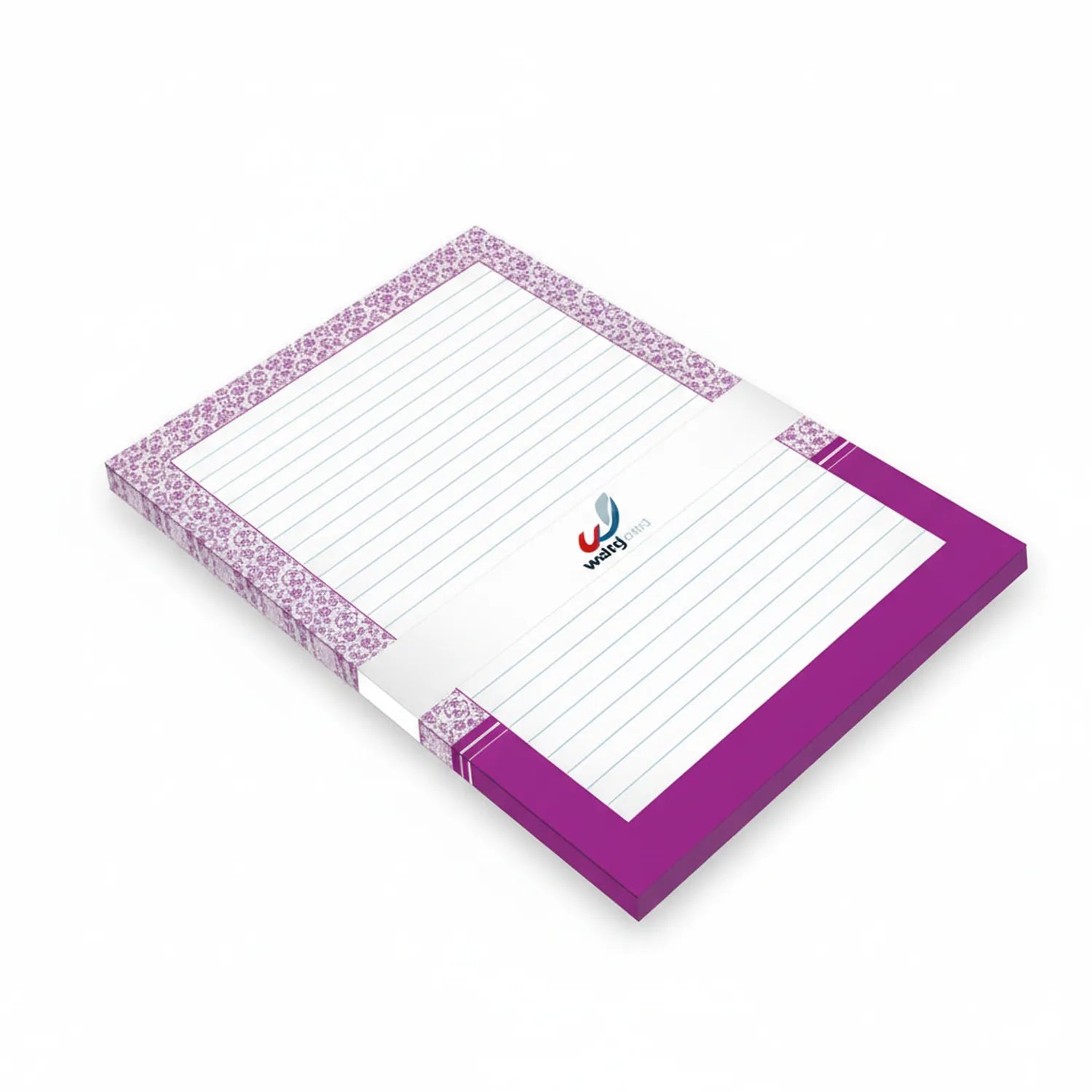 Purple floral patterned lined notebook with solid purple spine, opened to show lined writing pages with logo, isometric view on white background