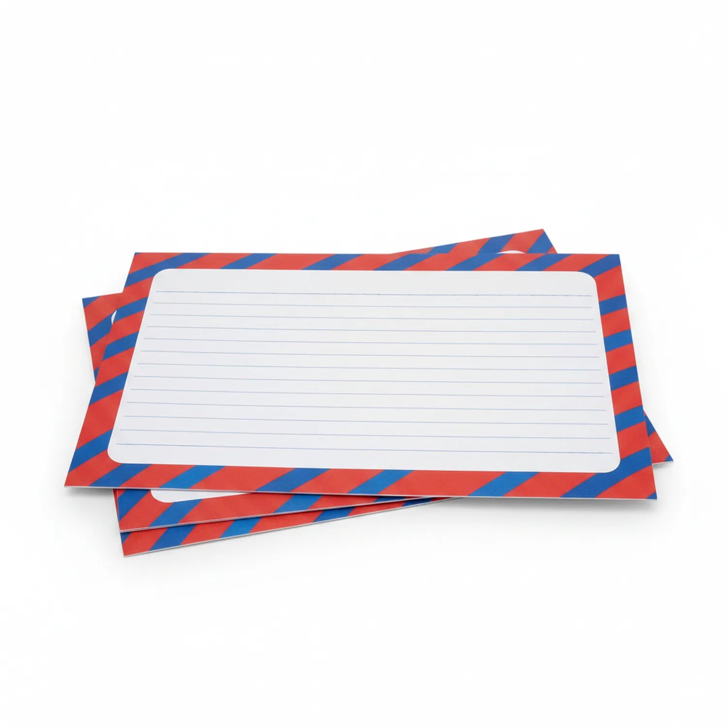 Stack of Sheet Assignment Colored Notepads with red and blue diagonal stripe pattern and white lined pages visible on top sheet