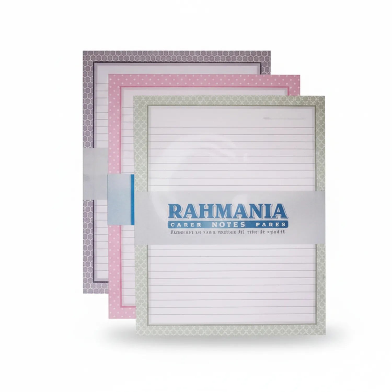 Rahmania Carer Notes Pares 3-pack lined notepads with decorative borders in gray, pink, and sage green stacked display with bookmark clip
