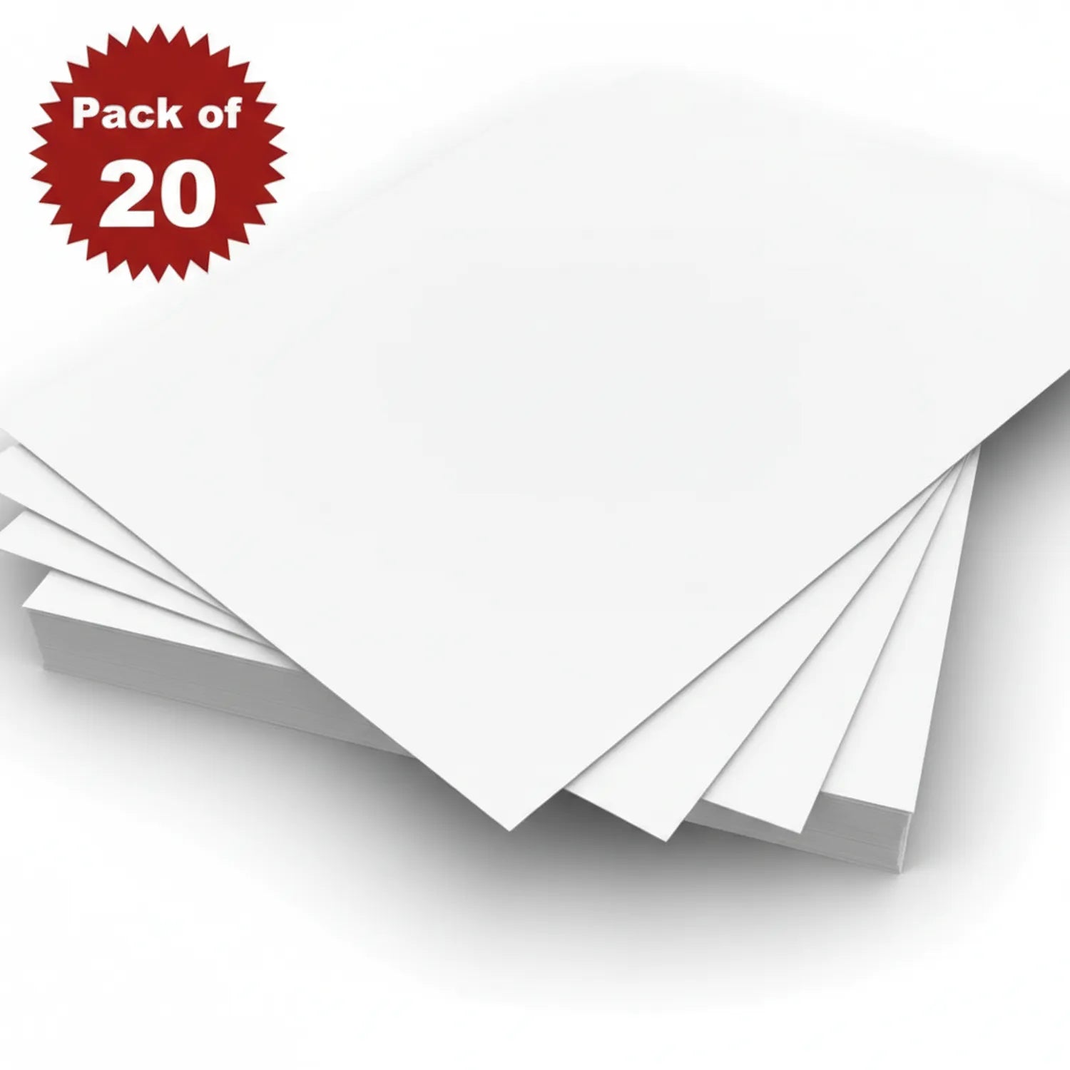 Pack of 20 premium blank white cardstock sheets with fanned display showing paper thickness and quality, red 'Pack of 20' badge visible.