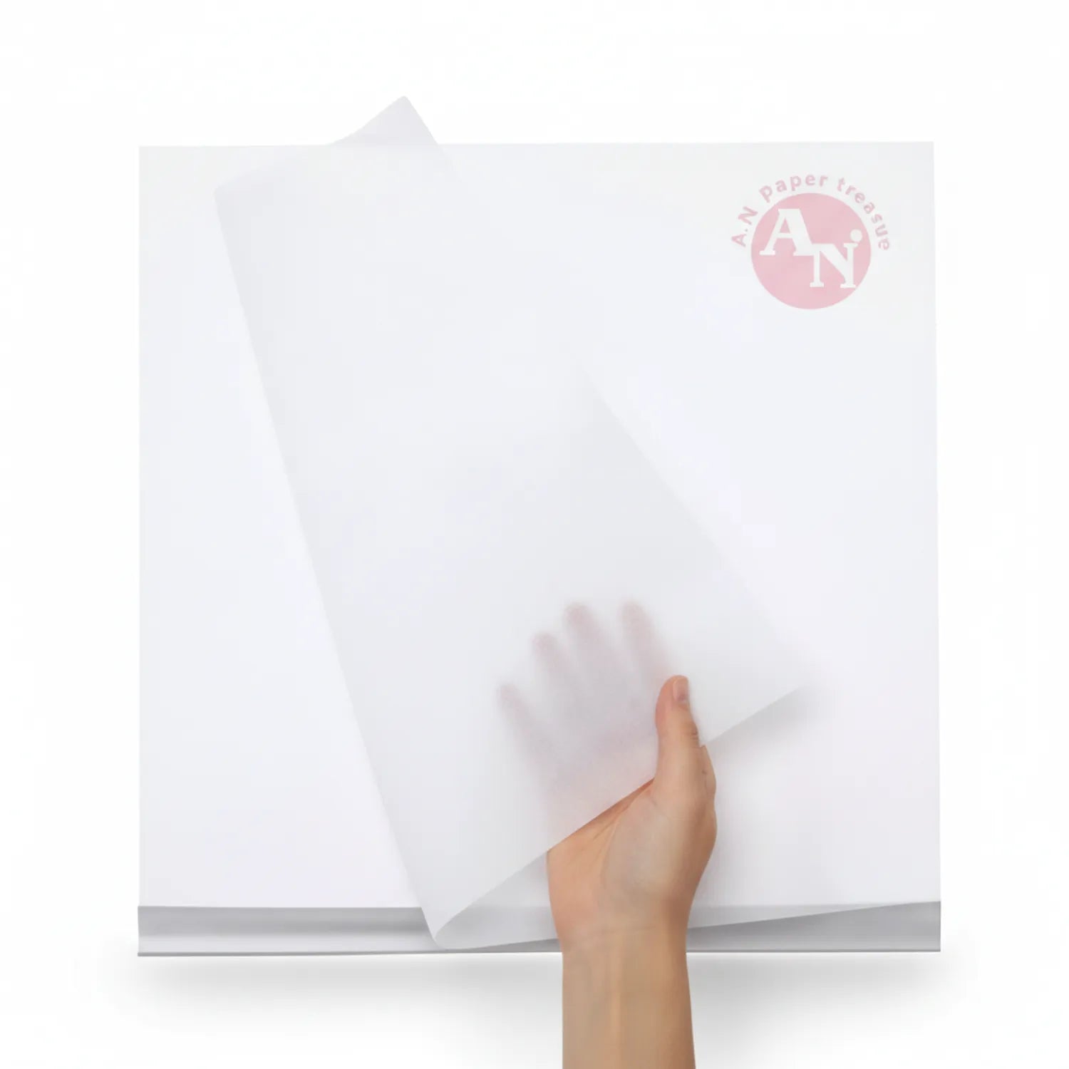 AN Paper Treasure Sheet Butter Oily translucent paper package with hand holding semi-transparent sheet, showing oily finish quality