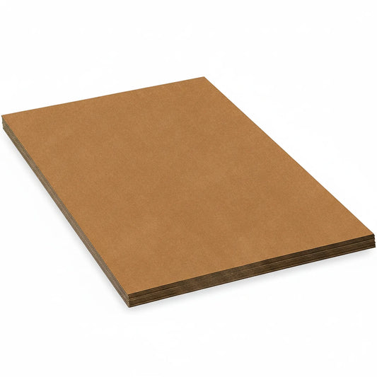 Stack of kraft corrugated cardboard sheet cartons displayed at an angle, showing natural brown color and visible corrugated edge layers