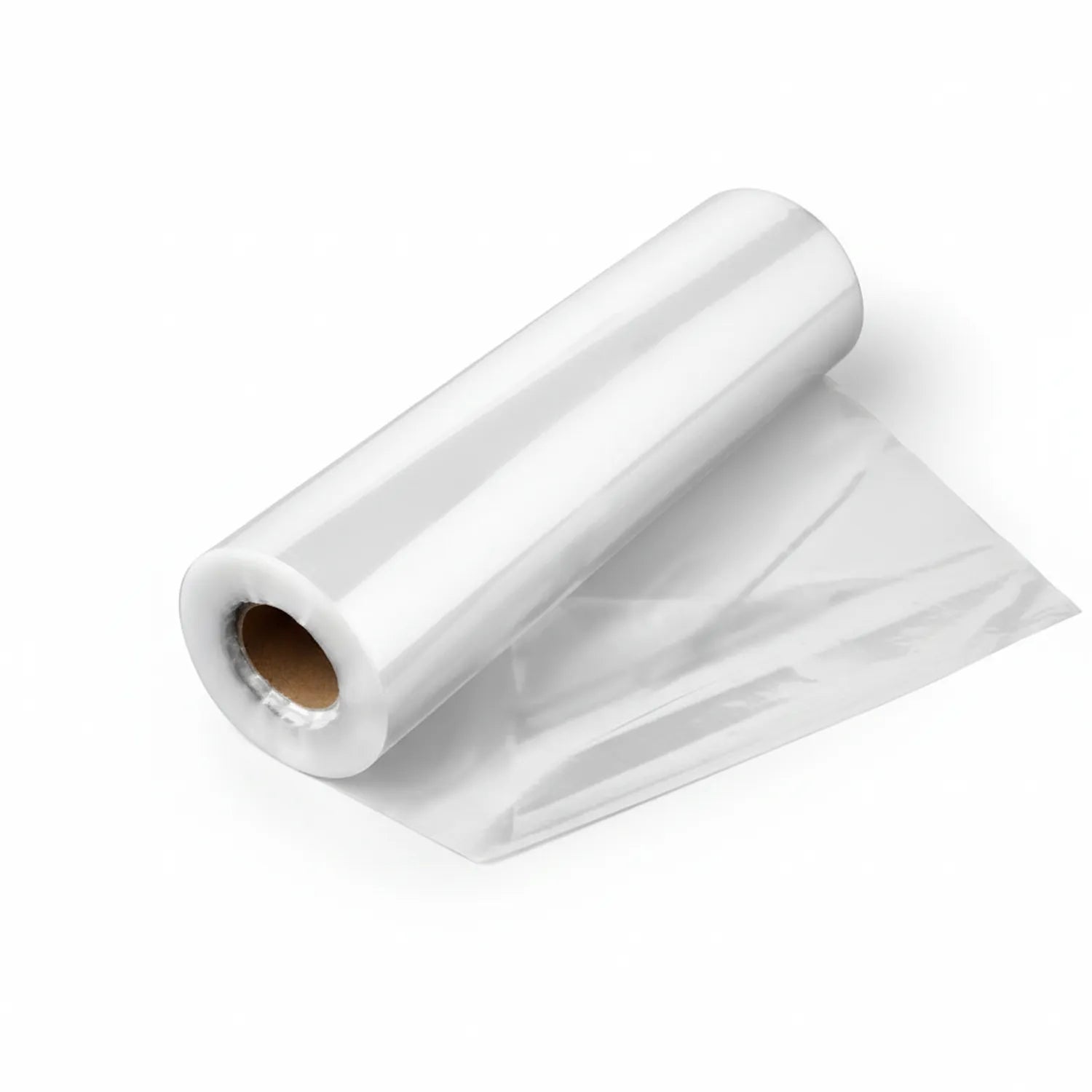 Clear cellophane film roll on cardboard tube with transparent sheets unrolled, showing glossy finish and clarity of protective wrapping material.