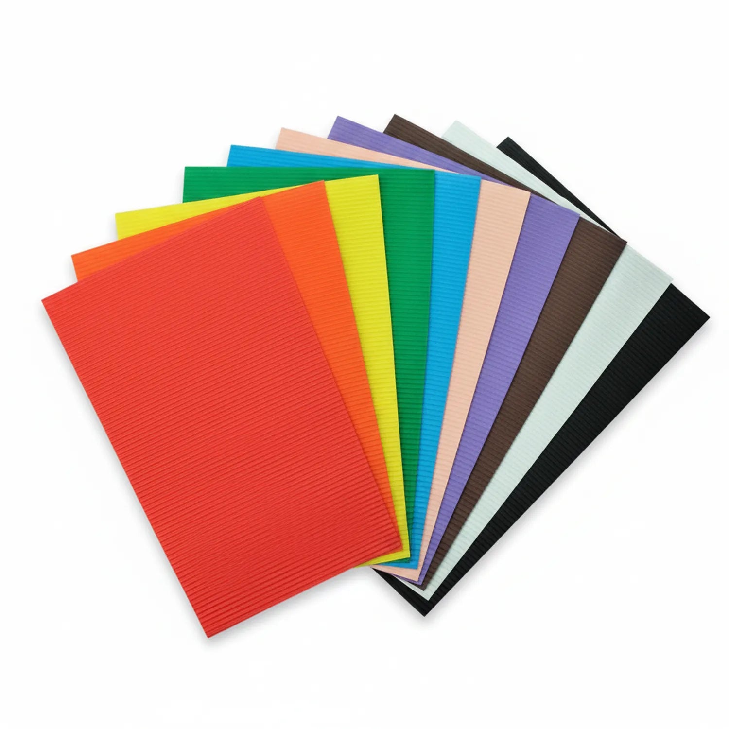 12 pack assorted corrugated A4 sheets in red, orange, yellow, green, blue, peach, purple, brown, gray and black colors fanned display