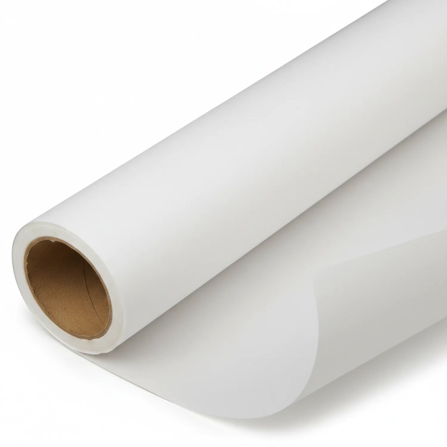 White drawing paper roll with cardboard core, partially unrolled showing smooth paper surface and brown tube center