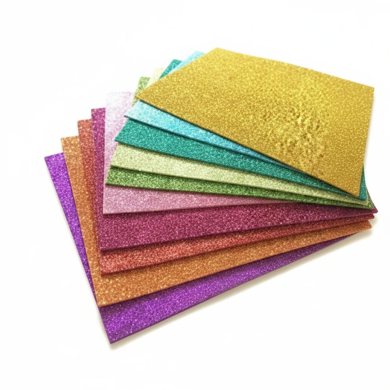 Sheet Fomic A3 glitter foam sheets - stack of 10 colorful sheets including purple, bronze, burgundy, pink, green, turquoise, blue, and yellow