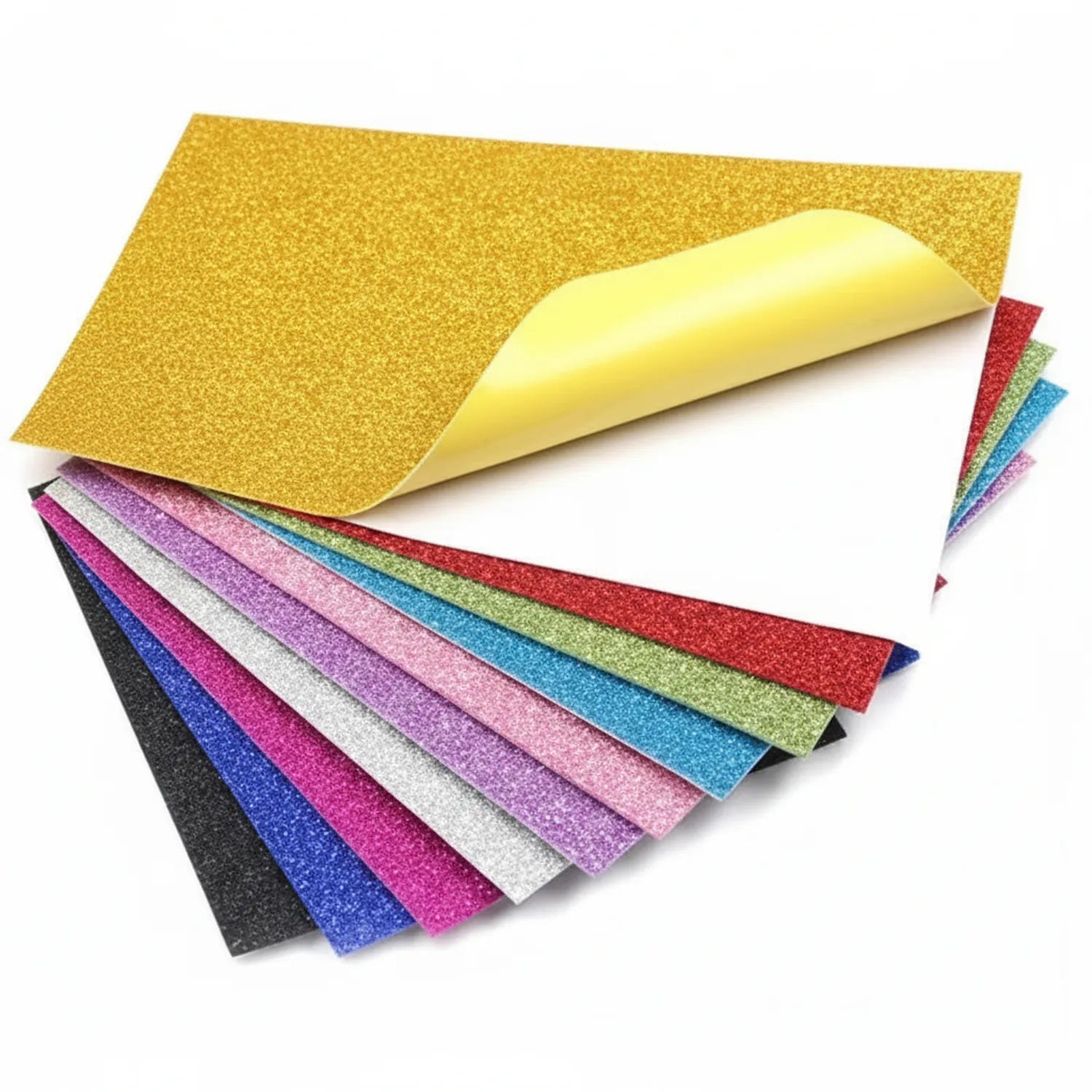 Sheet Fomic A4 glitter foam sheets in 10 assorted colors including gold, red, blue, pink, purple, silver, and black with self-adhesive backing