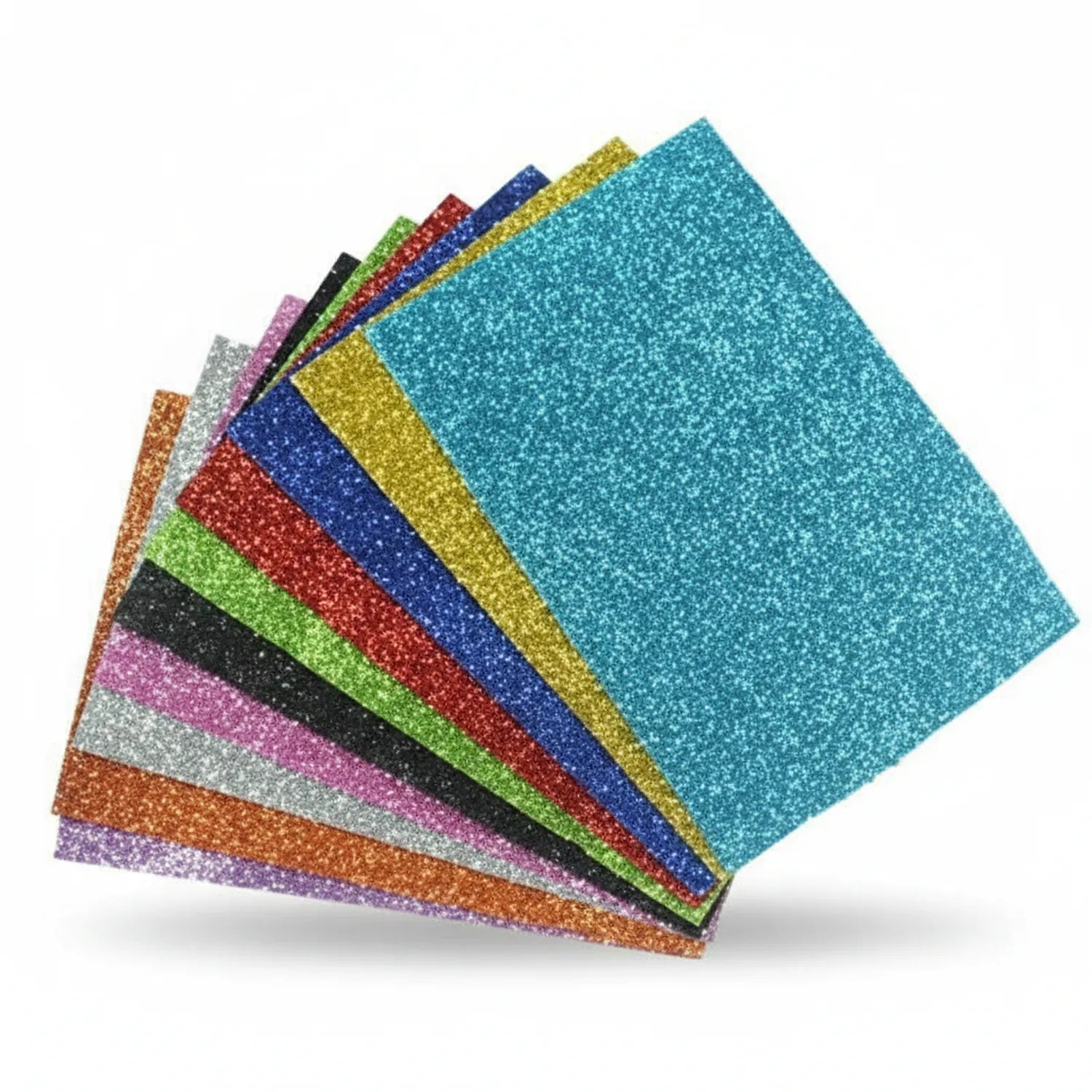 Stack of 12 colorful A4 glitter sheets fanned out, displaying turquoise, gold, navy, red, green, pink, silver, purple, and orange sparkly paper.
