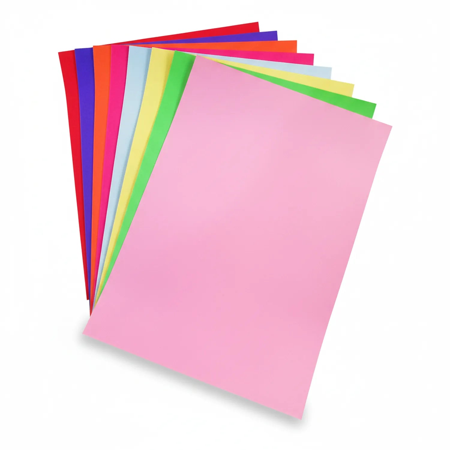 Stack of 10 assorted pastel paper sheets in vibrant colors including pink, green, yellow, blue, red, orange and more, fanned display.
