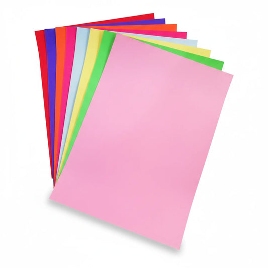 Stack of 10 assorted pastel paper sheets in vibrant colors including pink, green, yellow, blue, red, orange and more, fanned display.