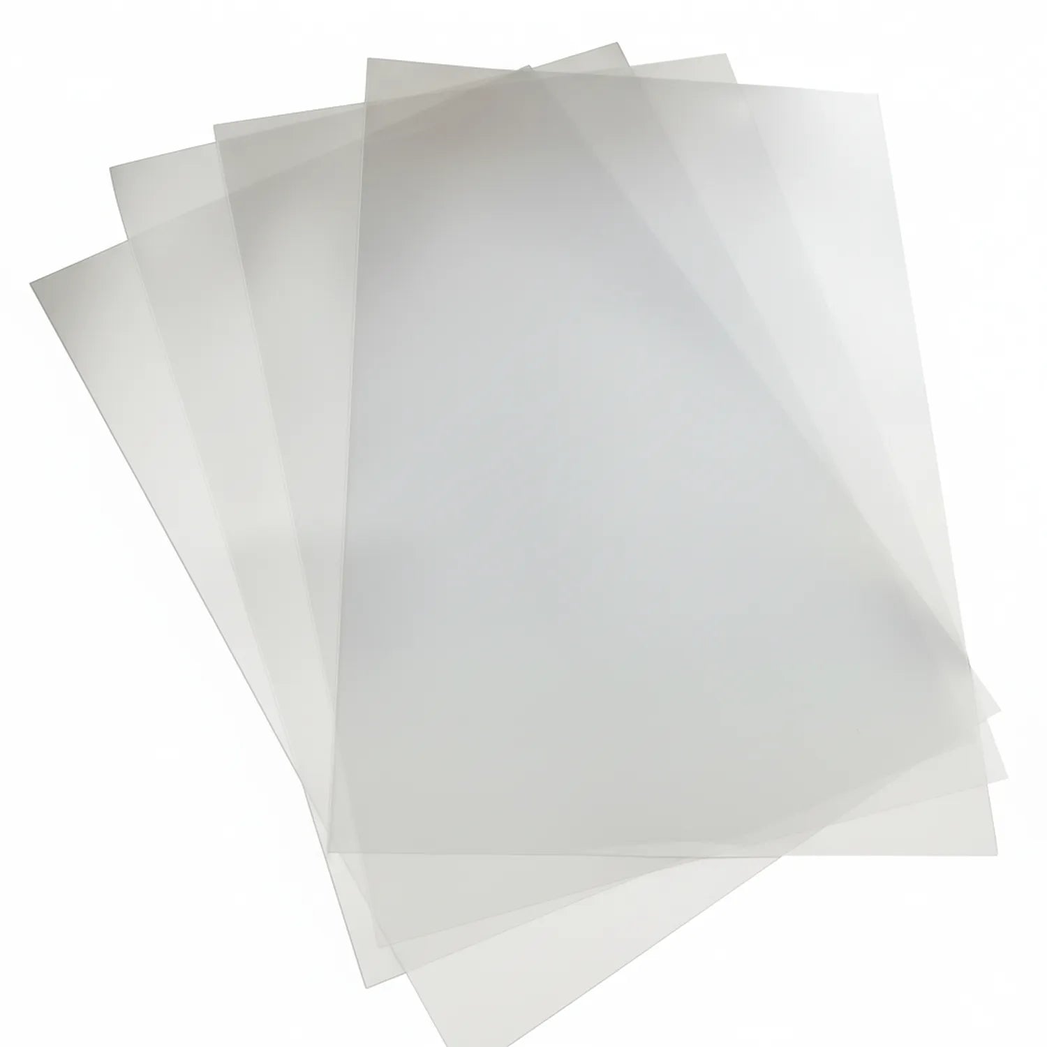 Multiple clear transparent plastic sheets fanned out, showing individual single sheets of professional-grade plastic material for art and craft use.