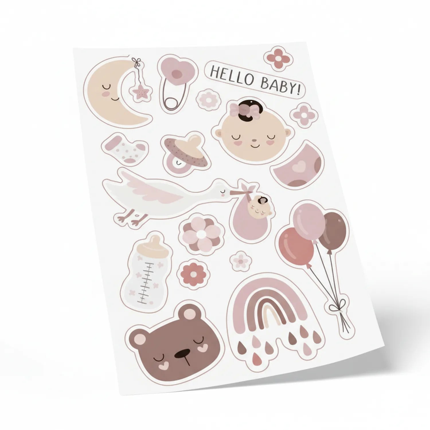 Baby theme sticker sheet with 30+ cute designs including sleeping babies, animals, balloons, moon, clouds, rainbow, and 'HELLO BABY!' text in soft pink and beige colors