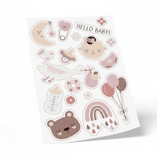 Baby theme sticker sheet with 30+ cute designs including sleeping babies, animals, balloons, moon, clouds, rainbow, and 'HELLO BABY!' text in soft pink and beige colors