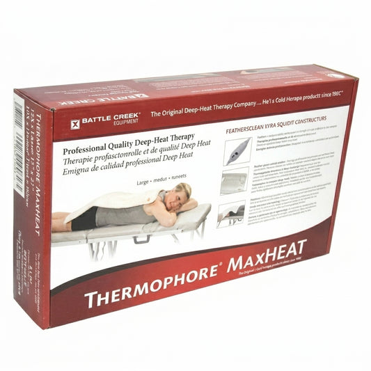 Battle Creek Thermophore MaxHeat professional deep-heat therapy pad in red packaging with product demonstration image