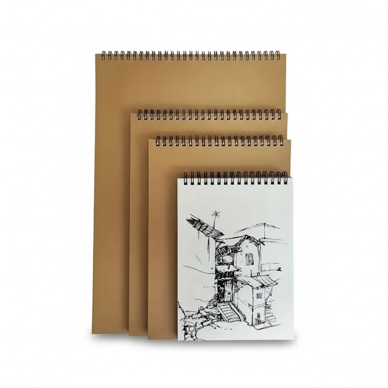 Four spiral-bound sketchbooks stacked in decreasing size order showing kraft covers and A3 blank sketchbooks with architectural sketch illustration on front