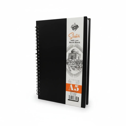 Black spiral-bound Sketchbook 250G A5 with white label showing Salt Lave Sleek Sketchbook design and architectural dome illustration