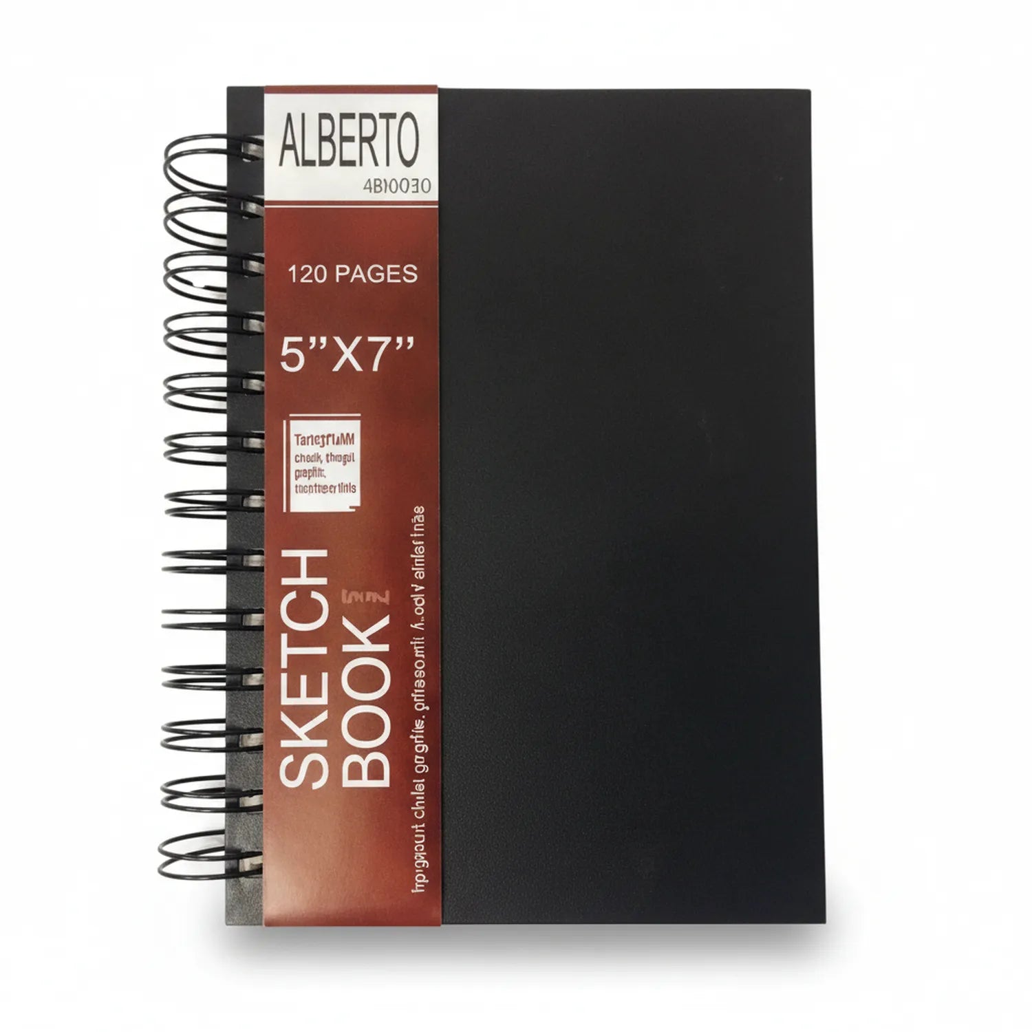Alberto Sketchbook 250G A6 - Black spiral-bound sketchbook with burgundy label showing 120 pages, 5x7 inch dimensions, displayed from front angle