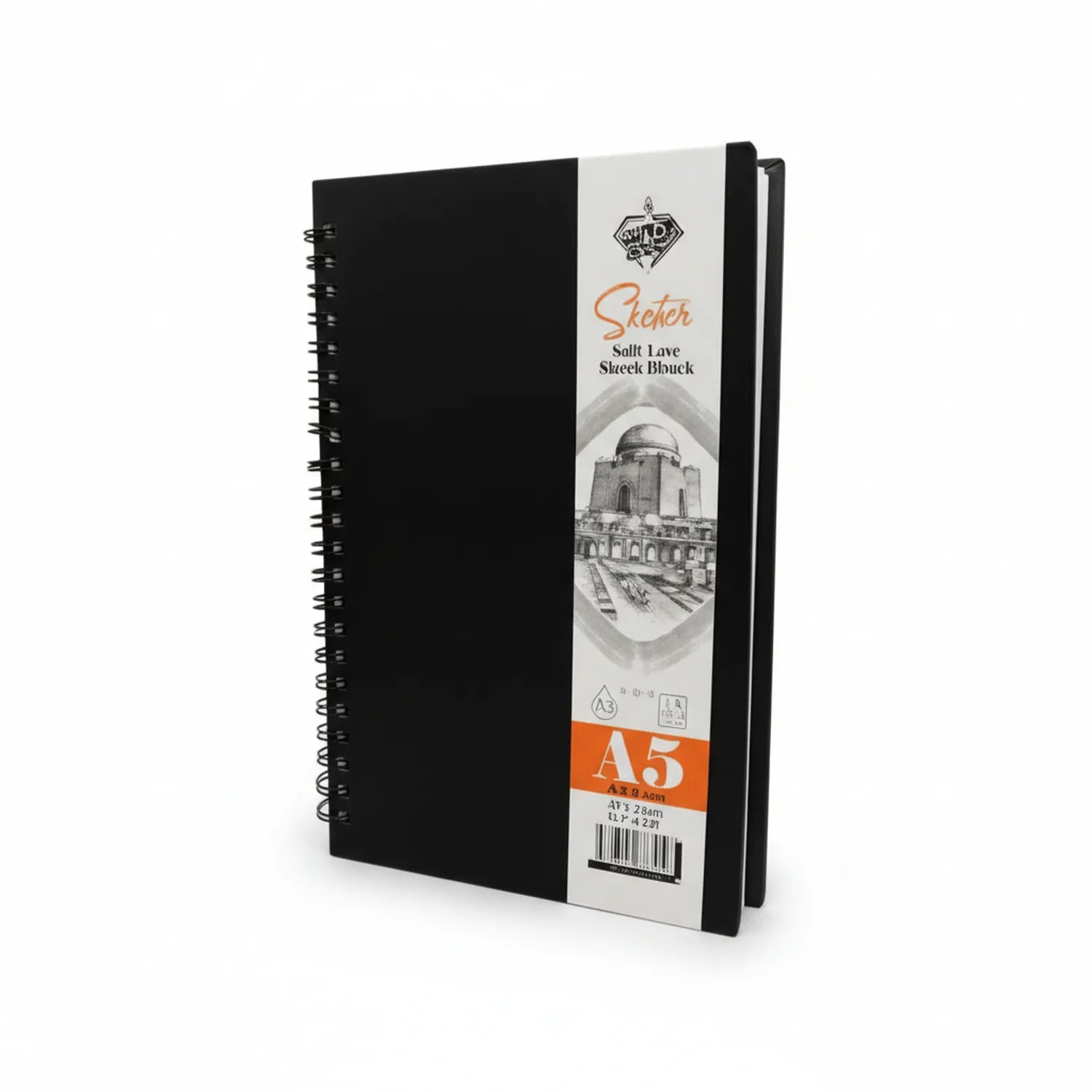 Wild Sketcher Sketchbook 350G A5 spiral-bound with black hardcover and white label showing architectural building image