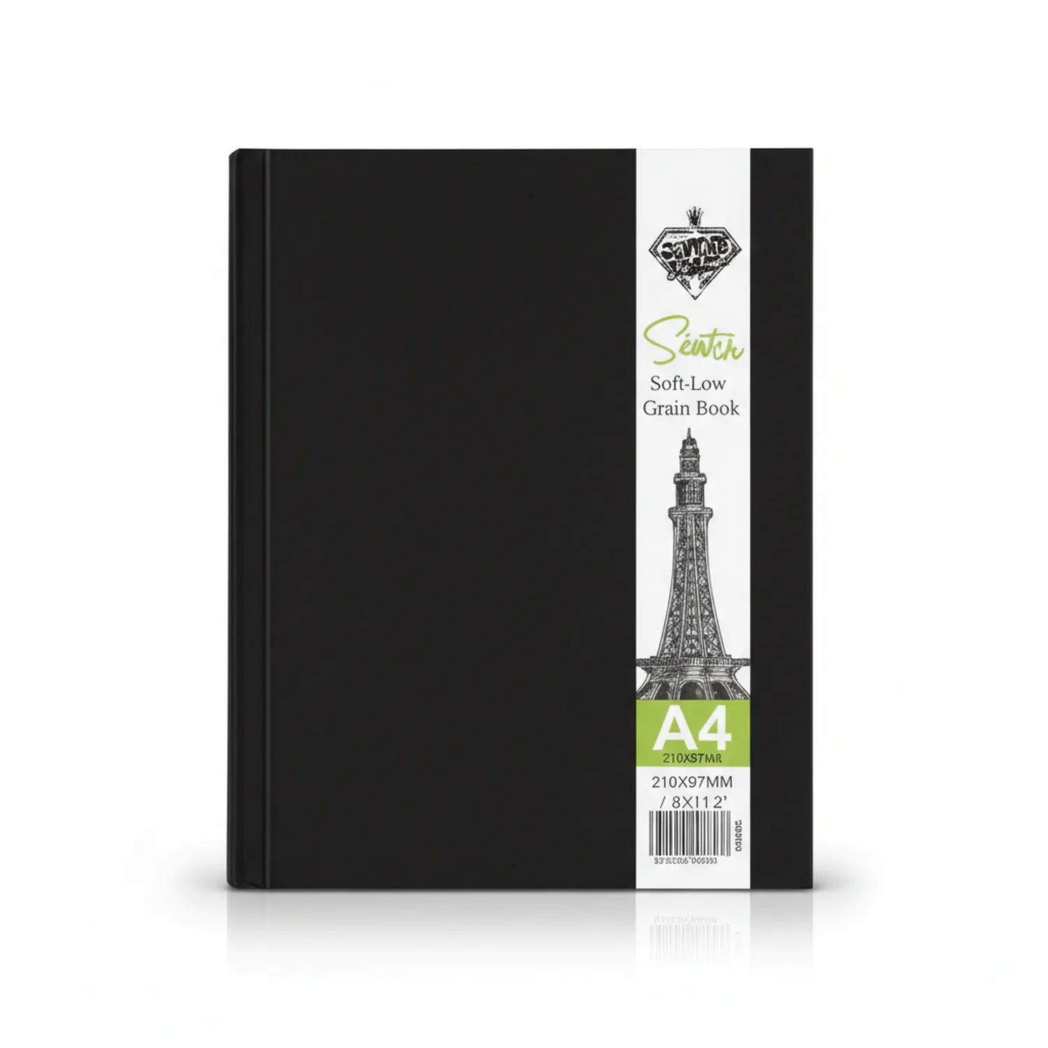 Sainte Sketch Soft-Low Grain Book A4 hardcover sketchbook with black cover, white label strip featuring Blackpool Tower illustration, 210x97mm dimensions