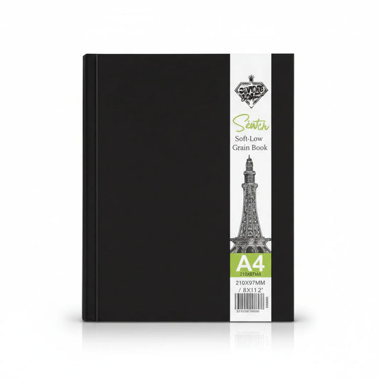 Sainte Sketch Soft-Low Grain Book A4 hardcover sketchbook with black cover, white label strip featuring Blackpool Tower illustration, 210x97mm dimensions