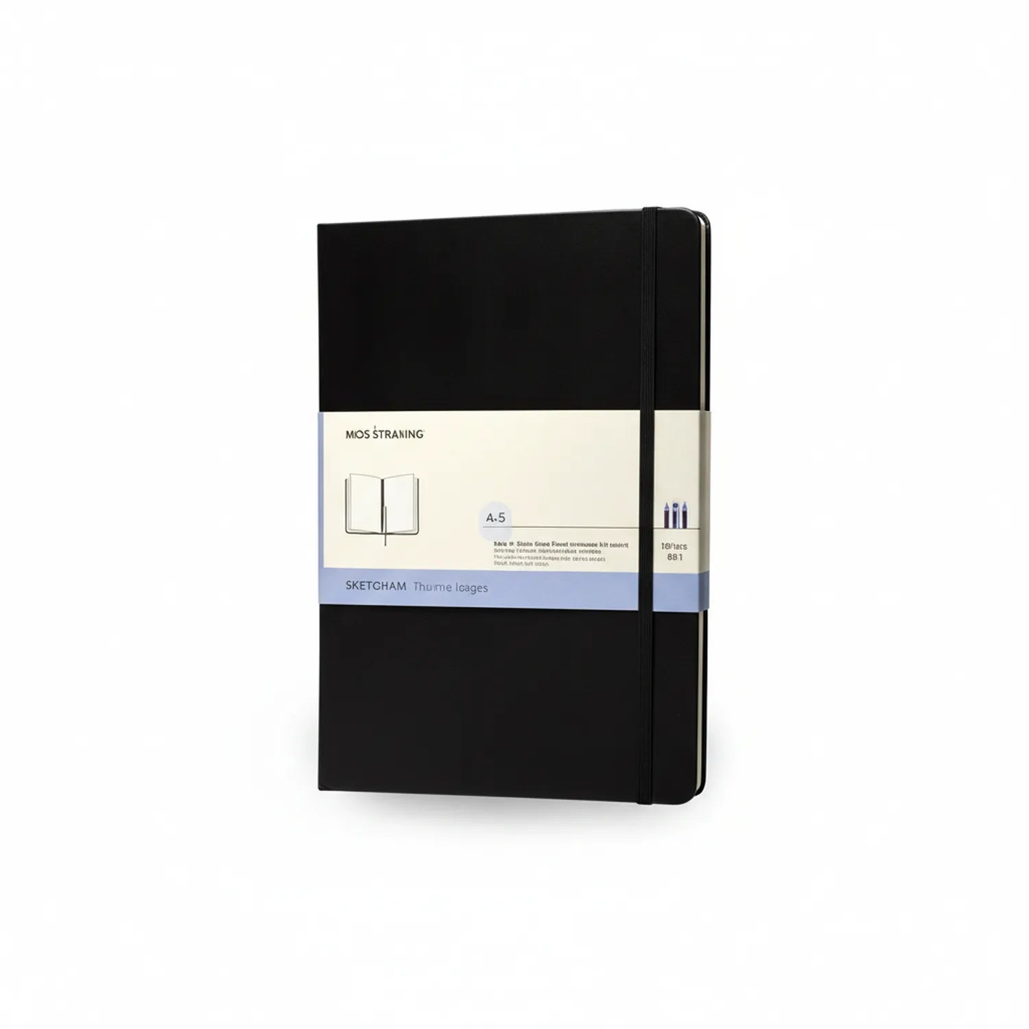Mos Straing black hardcover sketchbook A5 302 with 88 pages, elastic band closure, ribbon bookmark, and branded label on packaging