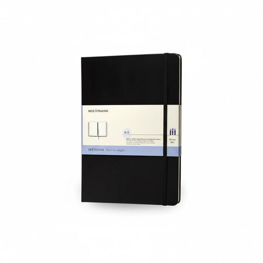 Mos Straing black hardcover sketchbook A5 302 with 88 pages, elastic band closure, ribbon bookmark, and branded label on packaging