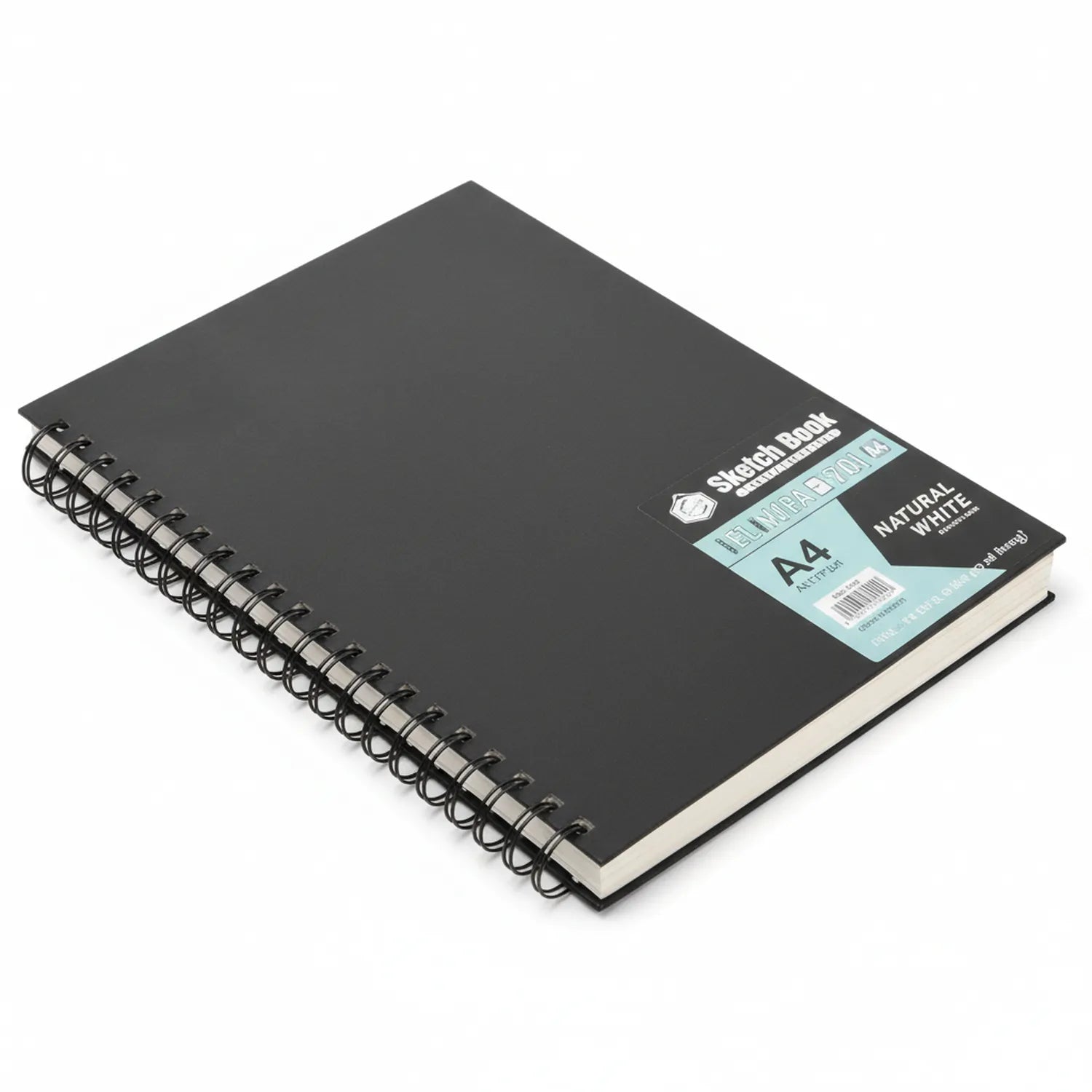 Black spiral-bound A4 sketchbook with natural white paper, labeled Sketchbook A4 502, shown at angle displaying metal spiral binding and cream-colored pages