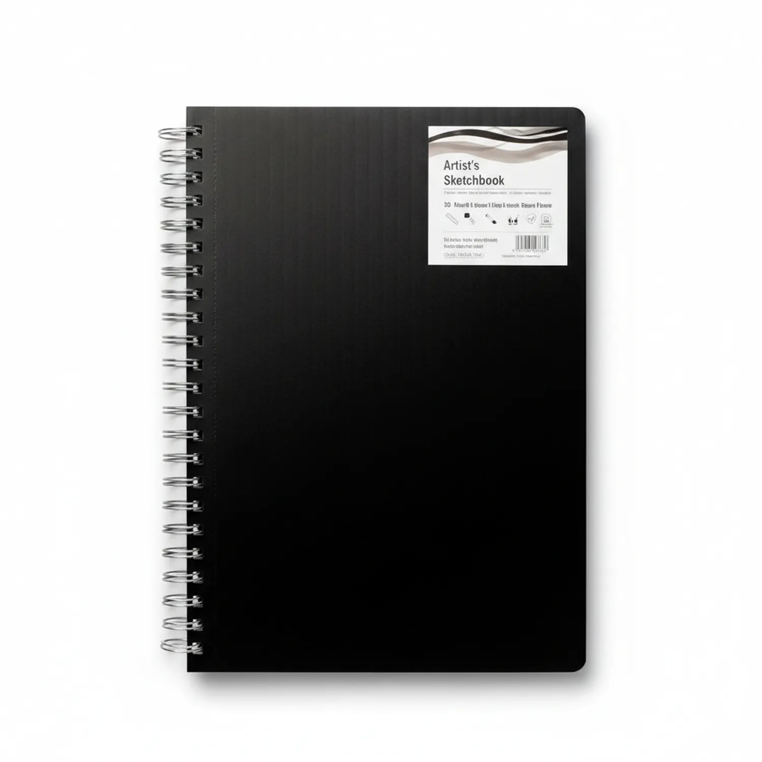 Black spiral-bound Artist's Sketchbook A4 602 with 30 sheets and product label on front cover, shown against white background