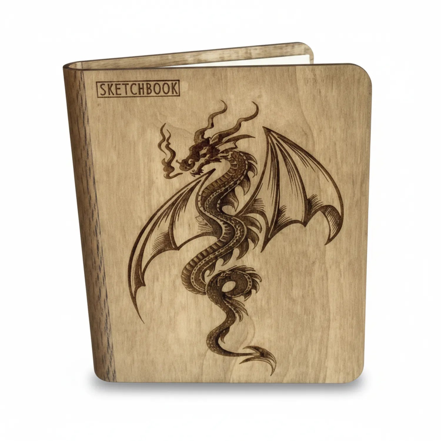 A4 Sketchbook with wood-engraved dragon design on hardbound cover, featuring intricate detailed dragon artwork in sepia tones