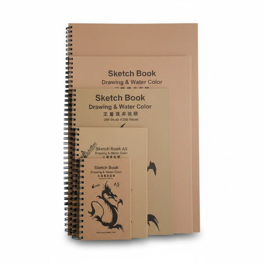 Stack of four spiral-bound Sketchbook A5 Dragon sketchbooks in kraft paper packaging with Chinese and English text, featuring black dragon illustration