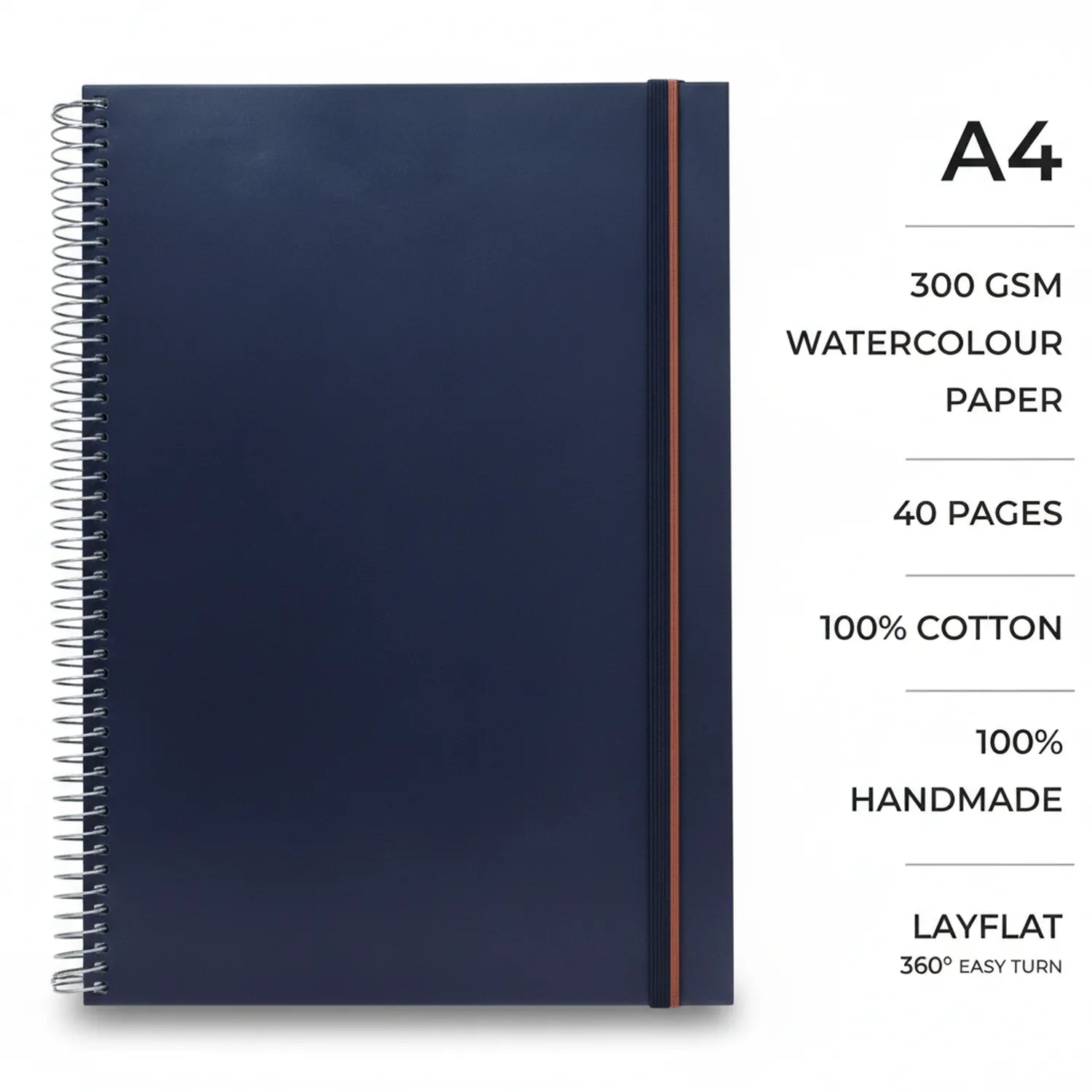 Sketchbook Ideal Wz41604 A4 with navy cover, spiral binding, orange elastic band. 300GSM watercolour paper, 40 pages, 100% cotton, handmade.
