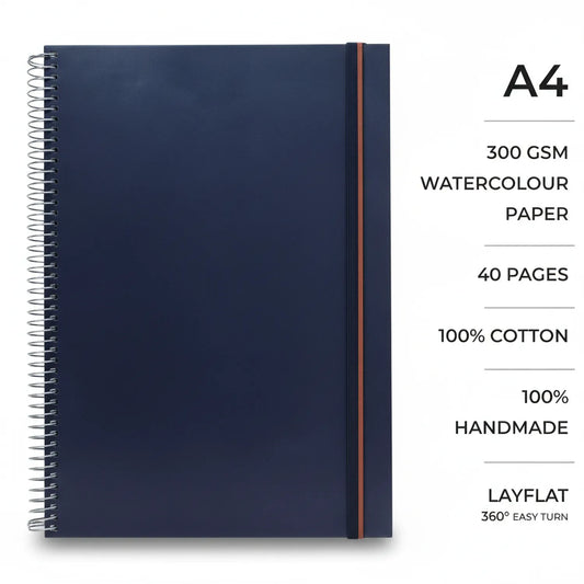Sketchbook Ideal Wz41604 A4 with navy cover, spiral binding, orange elastic band. 300GSM watercolour paper, 40 pages, 100% cotton, handmade.