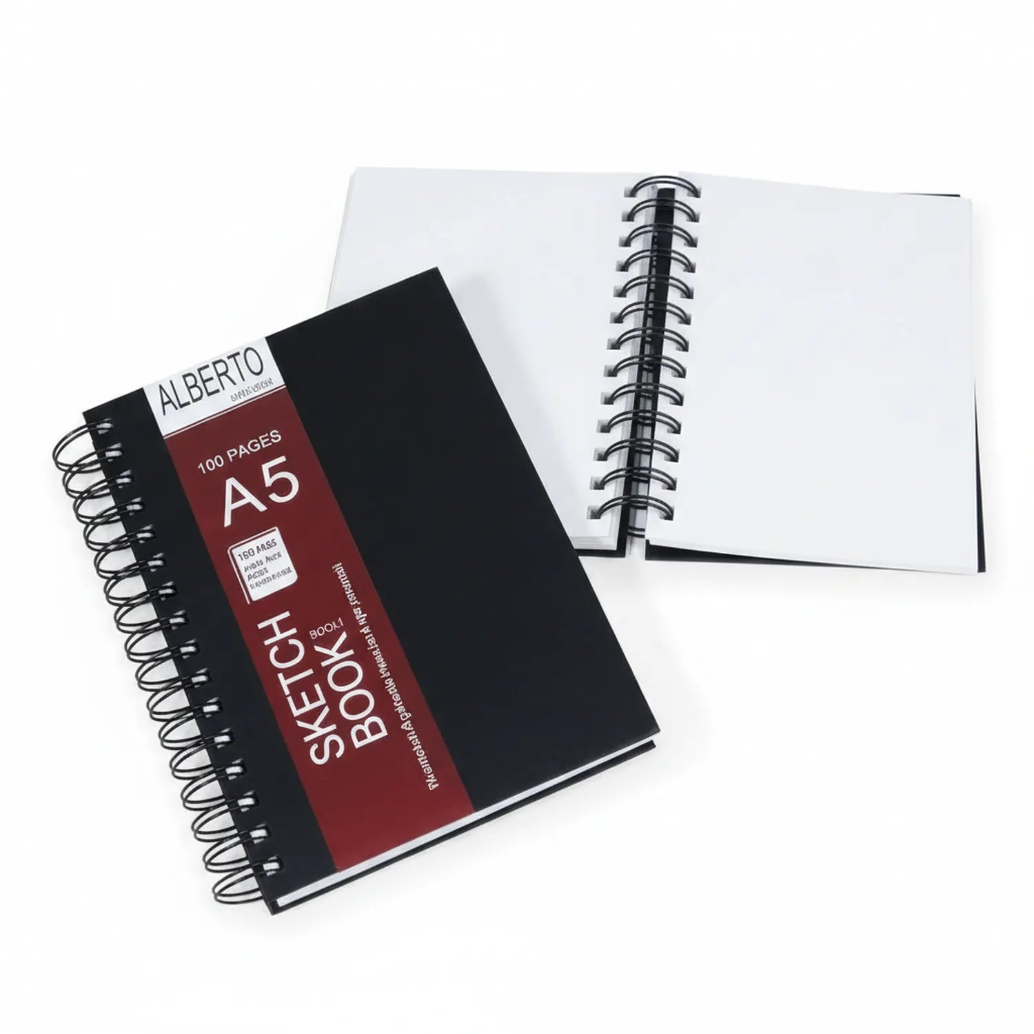 Alberto Sketchbook Ideal A5 100 pages spiral bound with black cover and red label, shown open and closed with blank white pages