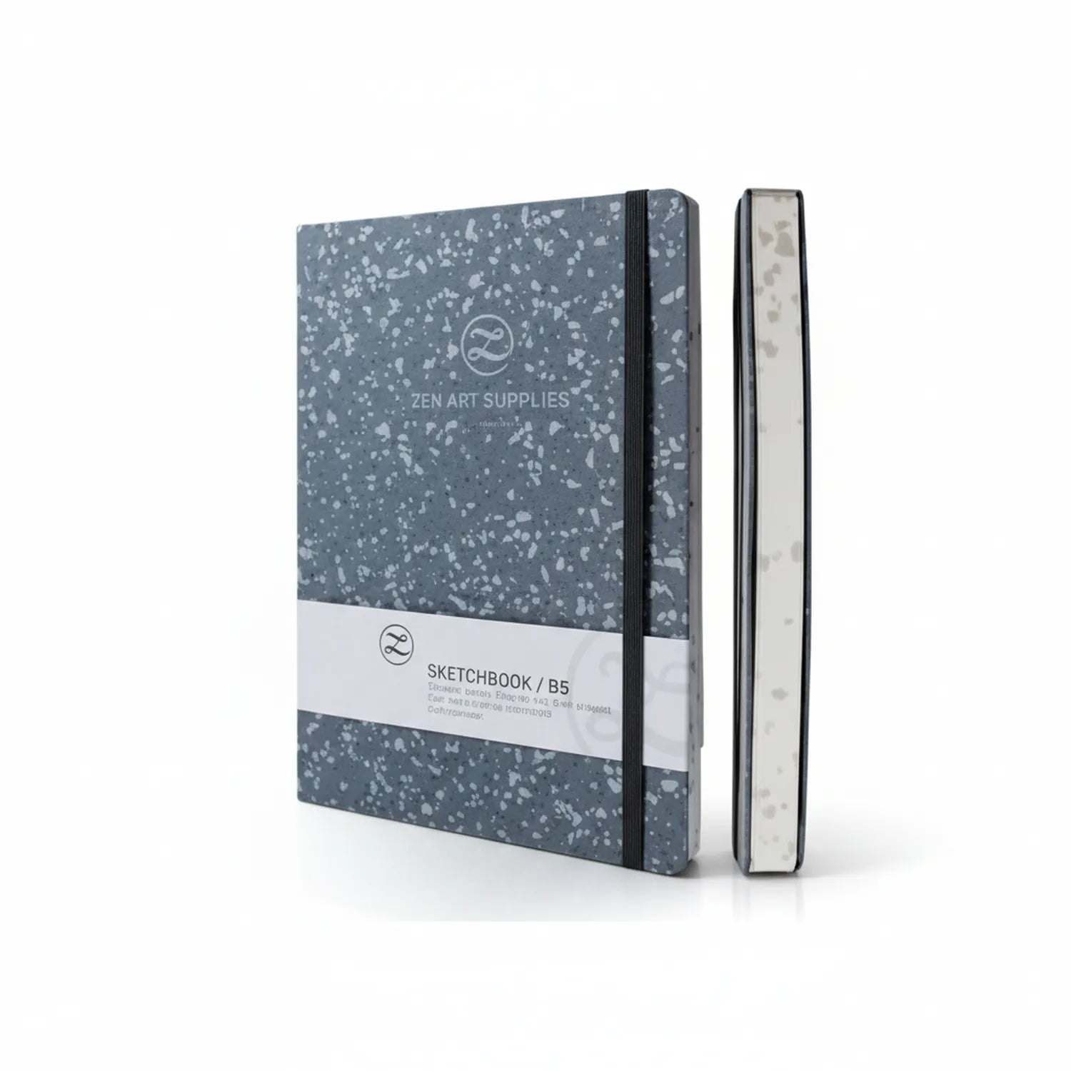 Zen Art Supplies B5 Sketchbook with slate blue terrazzo hardcover, elastic band closure, and matching notebook shown side-by-side on white background