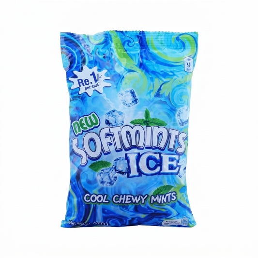 Oedo Softmints Ice Cool Chewy Mints pouch with blue swirl design and ice cube graphics