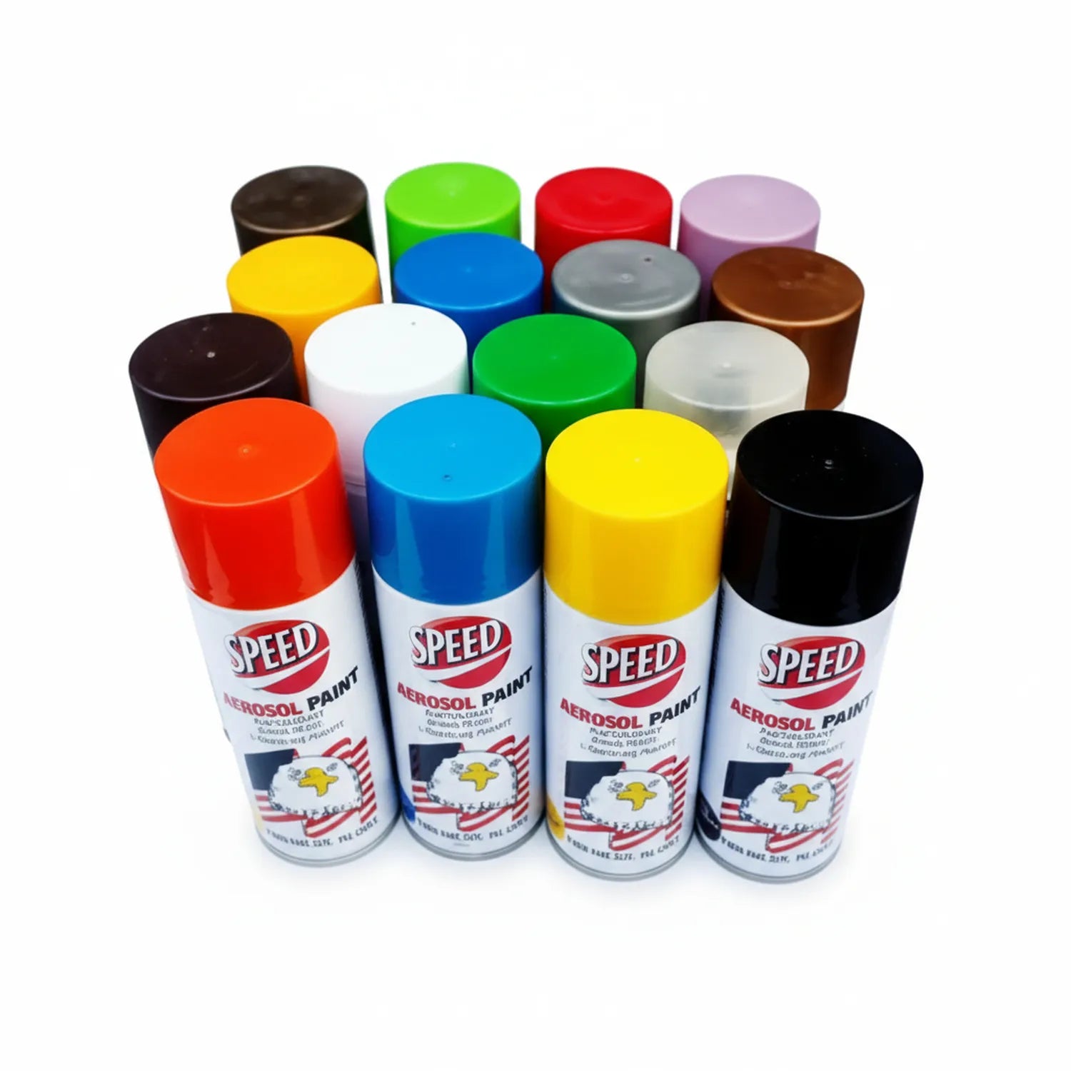 Speed Aerosol Spray Paint 16-color multi-pack featuring red, blue, yellow, black, white, green, orange, brown, gray and additional colors with caps